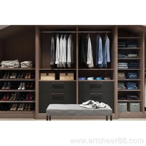 open wardrobe with wooden closet in bedroom